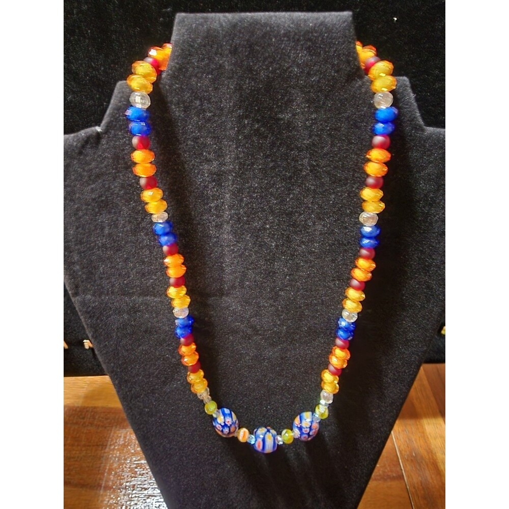 Handmade Millefiori Glass Beaded Necklace Vibrant Multicolor Lampwork Rondelle